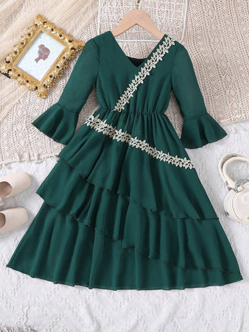 Kids Nujoom Young Girls' Spring/Summer Flare Sleeve Embroidered Hem Lotus Leaf Edge Dress In Gold