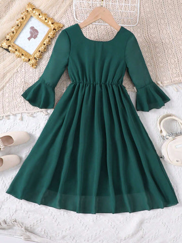 Kids Nujoom Young Girls' Spring/Summer Flare Sleeve Embroidered Hem Lotus Leaf Edge Dress In Gold