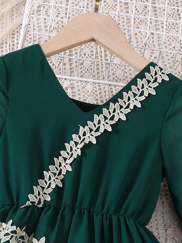 Kids Nujoom Young Girls' Spring/Summer Flare Sleeve Embroidered Hem Lotus Leaf Edge Dress In Gold