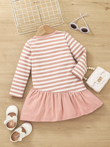 Kids QTFun Toddler Girls Striped & Rabbit Print Bow Ruffle Hem Smock Dress