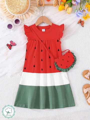 Kids QTFun Young Girl Cute Printed Casual Dress With Bag Accessory, Versatile