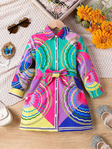 Kids QTFun Young Girl Fashionable And Retro Loose Long-Sleeved Printed Shirt Dress With Single-Breasted Button