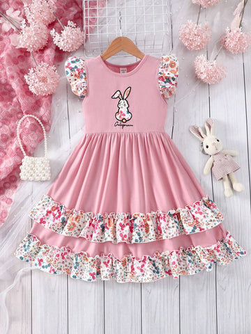 Kids QTFun Young Girl Round Neckline Flying Sleeve Dress With Flower Pattern Double Layers Skirt