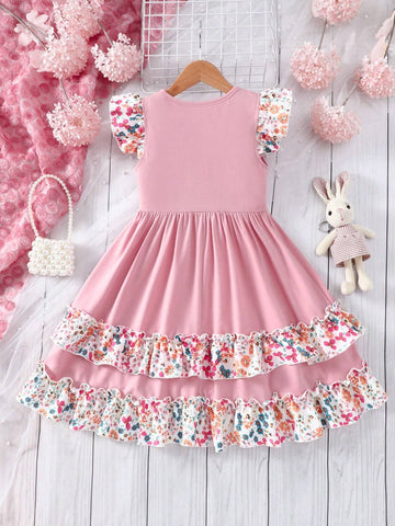 Kids QTFun Young Girl Round Neckline Flying Sleeve Dress With Flower Pattern Double Layers Skirt