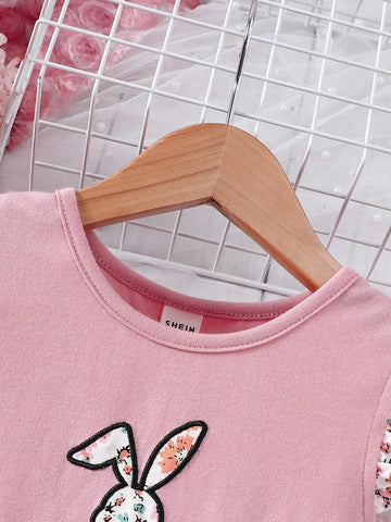 Kids QTFun Young Girl Round Neckline Flying Sleeve Dress With Flower Pattern Double Layers Skirt