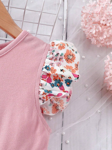 Kids QTFun Young Girl Round Neckline Flying Sleeve Dress With Flower Pattern Double Layers Skirt