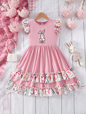 Kids QTFun Young Girl Round Neckline Flying Sleeve Dress With Flower Pattern Double Layers Skirt