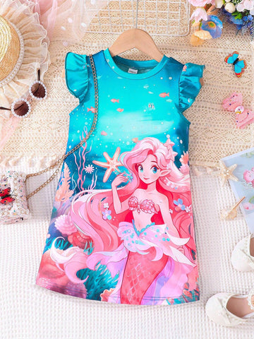 Kids QTFun Young Girls' Cartoon Cute Mermaid Ruffled Hem Dress For Summer