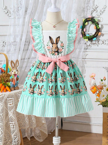 Kids QTFun Young Girl's Cute And Smart Easter Rabbit Patchwork Striped & Printed Dress With Ruffled Hem, Spring/Summer