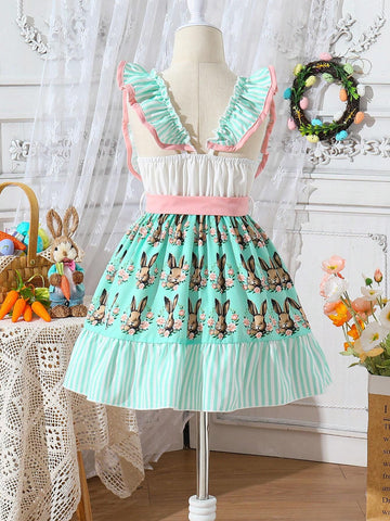 Kids QTFun Young Girl's Cute And Smart Easter Rabbit Patchwork Striped & Printed Dress With Ruffled Hem, Spring/Summer