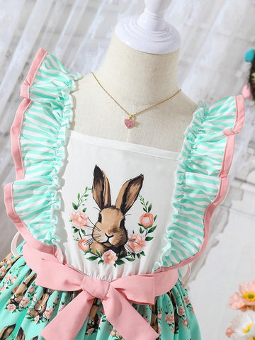 Kids QTFun Young Girl's Cute And Smart Easter Rabbit Patchwork Striped & Printed Dress With Ruffled Hem, Spring/Summer