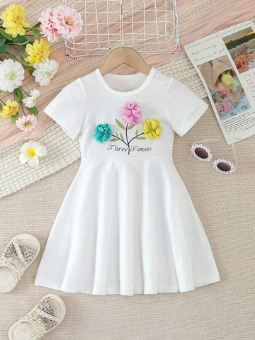 Kids QTFun Young Girls' Cute Three-Tone 3d Flower & Leaf & Letter Print Breathable Casual Dress For Summer