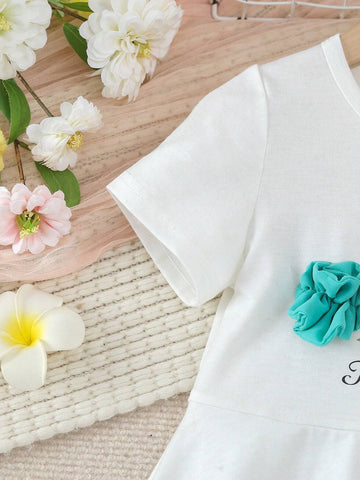 Kids QTFun Young Girls' Cute Three-Tone 3d Flower & Leaf & Letter Print Breathable Casual Dress For Summer