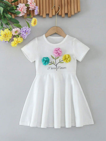 Kids QTFun Young Girls' Cute Three-Tone 3d Flower & Leaf & Letter Print Breathable Casual Dress For Summer