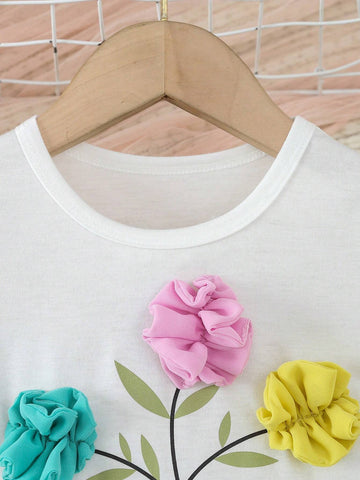 Kids QTFun Young Girls' Cute Three-Tone 3d Flower & Leaf & Letter Print Breathable Casual Dress For Summer