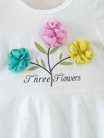 Kids QTFun Young Girls' Cute Three-Tone 3d Flower & Leaf & Letter Print Breathable Casual Dress For Summer