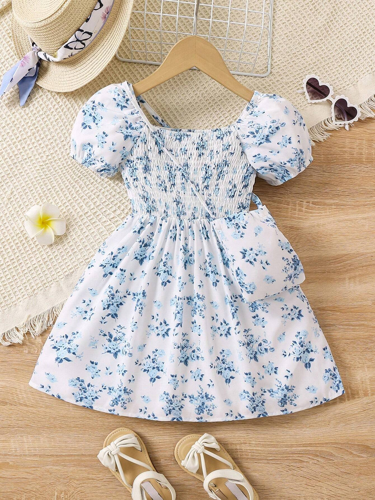 Kids SUNSHNE Floral Printed Shirred Puff Sleeve Dress For Young Girls