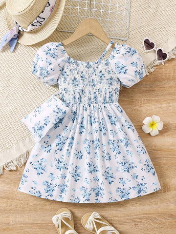 Kids SUNSHNE Floral Printed Shirred Puff Sleeve Dress For Young Girls