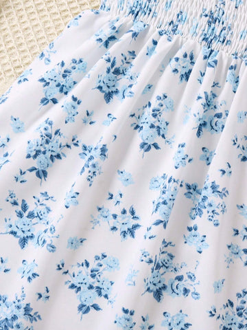 Kids SUNSHNE Floral Printed Shirred Puff Sleeve Dress For Young Girls