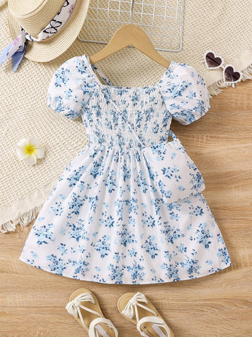 Kids SUNSHNE Floral Printed Shirred Puff Sleeve Dress For Young Girls