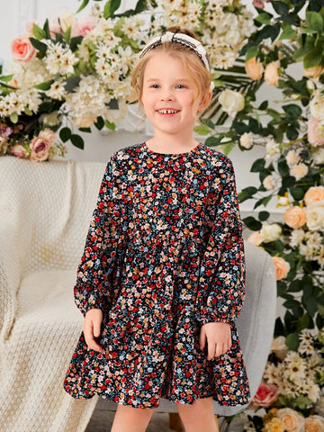 Kids SUNSHNE Young Girl Ditsy Floral Print Lantern Sleeve Dress