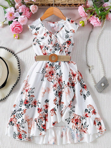 Kids SUNSHNE Young Girl Floral Print Dress With Ruffled Hem
