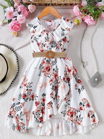 Kids SUNSHNE Young Girl Floral Print Dress With Ruffled Hem