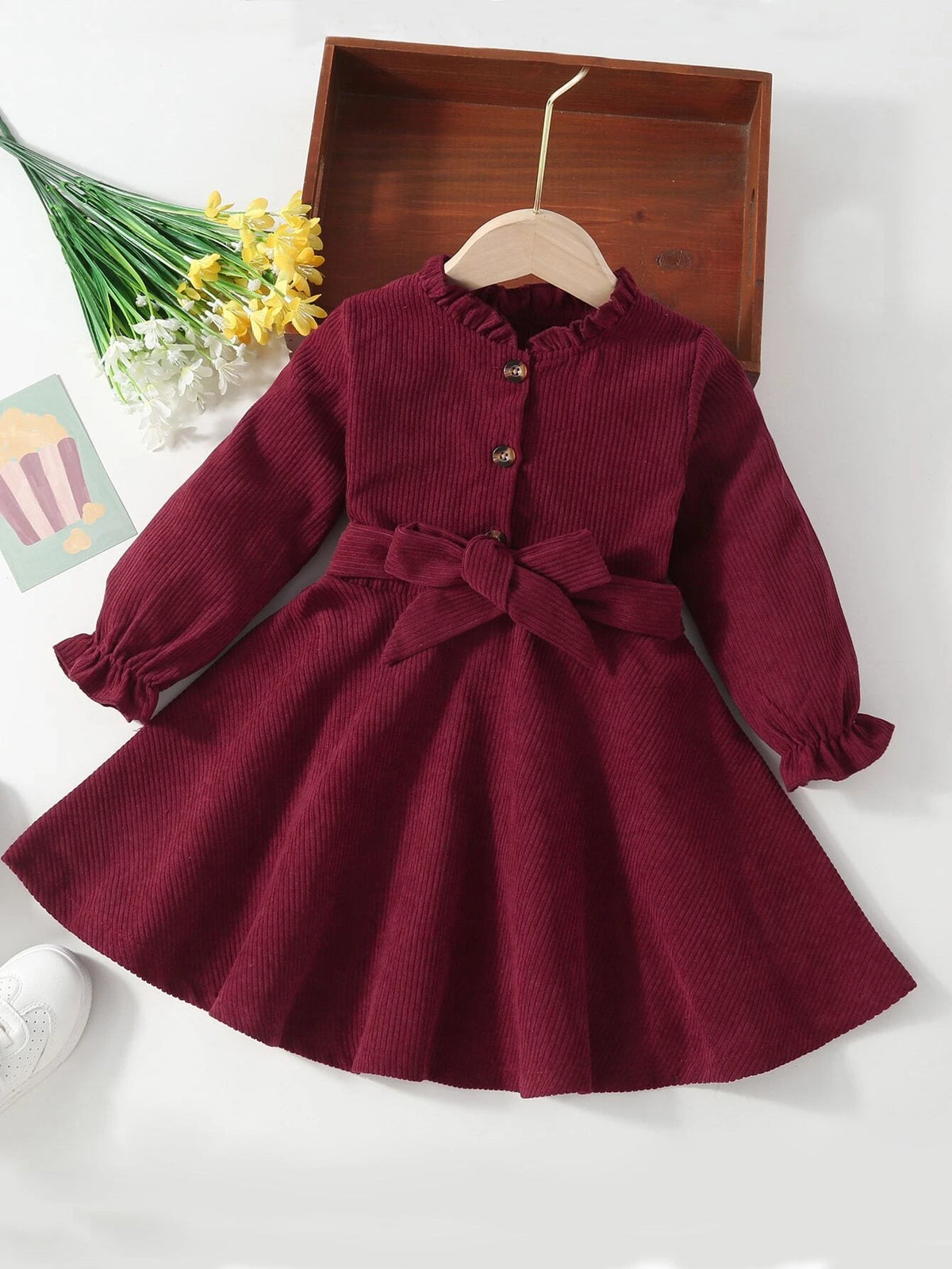 Kids SUNSHNE Young Girl Frill Trim Flounce Sleeve Belted Corduroy Dress