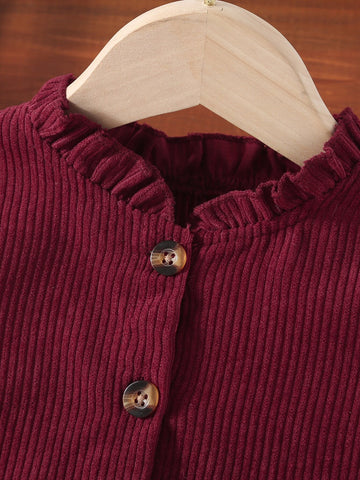 Kids SUNSHNE Young Girl Frill Trim Flounce Sleeve Belted Corduroy Dress