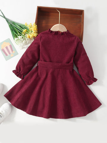 Kids SUNSHNE Young Girl Frill Trim Flounce Sleeve Belted Corduroy Dress