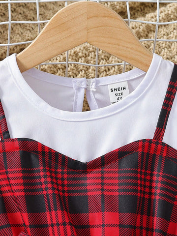 Kids SUNSHNE Young Girls' Chic Plaid Patchwork Dress With Hat And Waist Belt For Summer