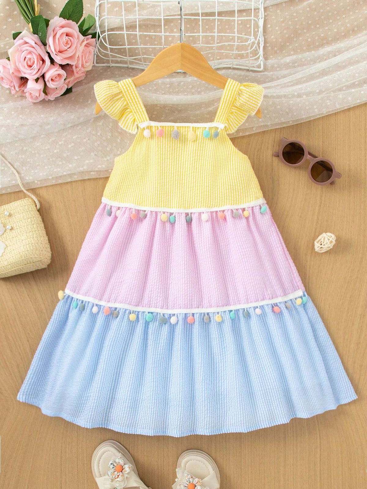 Kids SUNSHNE Young Girl's Colorful Patchwork Lovely Pom Pom Casual Beach Holiday Cami Dress