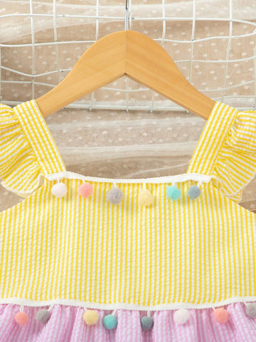 Kids SUNSHNE Young Girl's Colorful Patchwork Lovely Pom Pom Casual Beach Holiday Cami Dress
