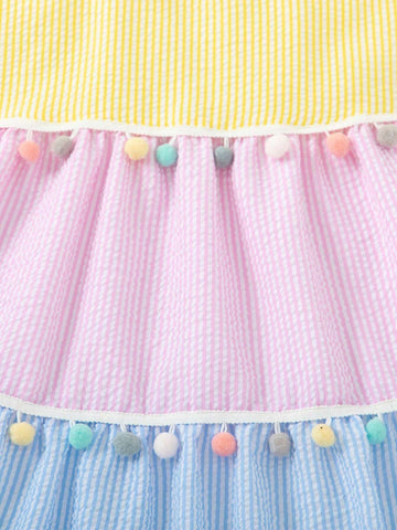 Kids SUNSHNE Young Girl's Colorful Patchwork Lovely Pom Pom Casual Beach Holiday Cami Dress