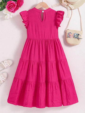 Kids SUNSHNE Young Girl's Cute & Casual Notch Neck Flying Sleeves Simple Comfortable Sundress For Vacation