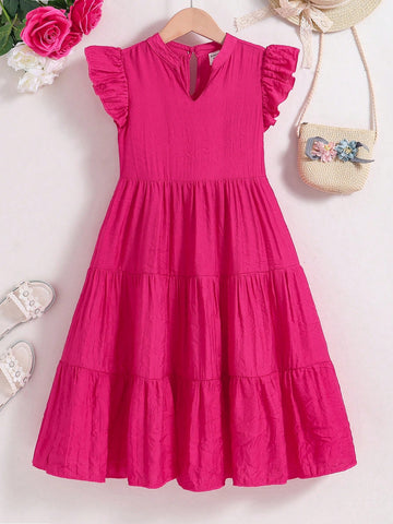 Kids SUNSHNE Young Girl's Cute & Casual Notch Neck Flying Sleeves Simple Comfortable Sundress For Vacation