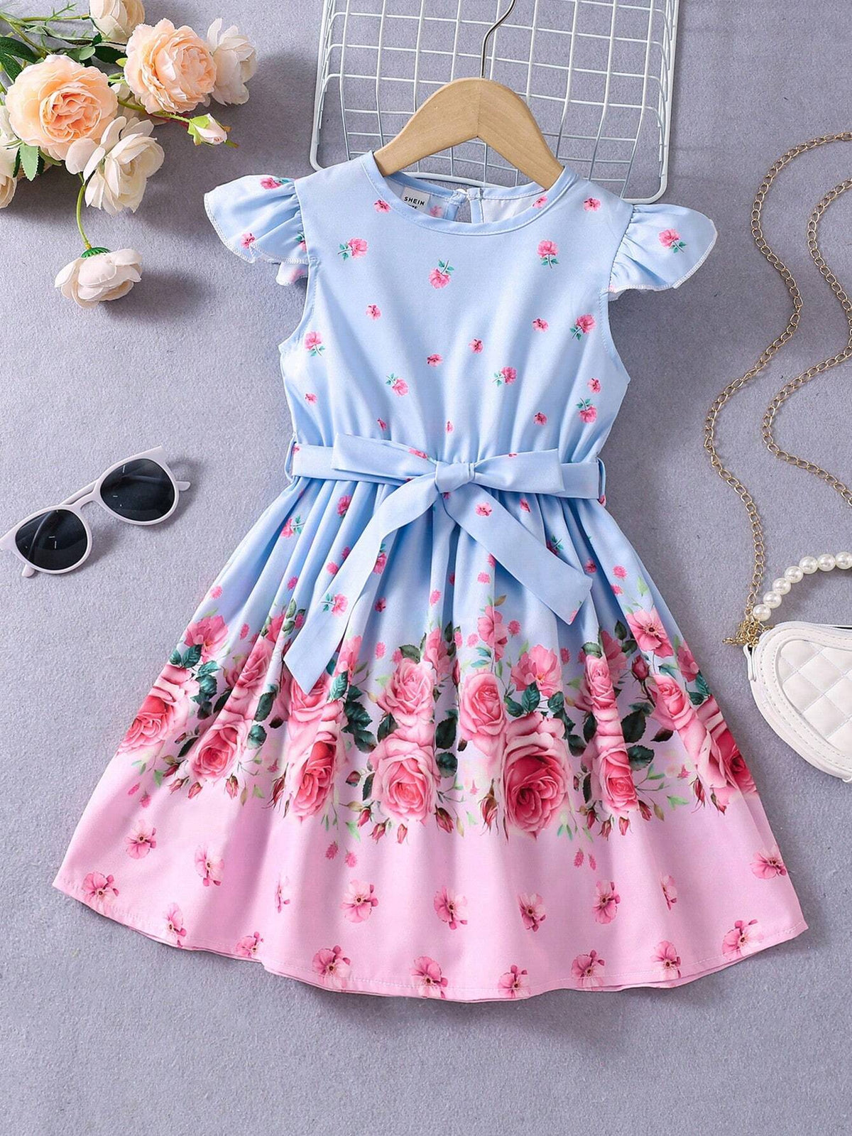 Kids SUNSHNE Young Girls Floral Print Small Flying Sleeves Belted Dress