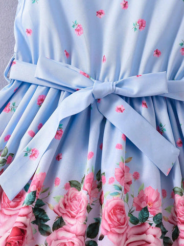 Kids SUNSHNE Young Girls Floral Print Small Flying Sleeves Belted Dress