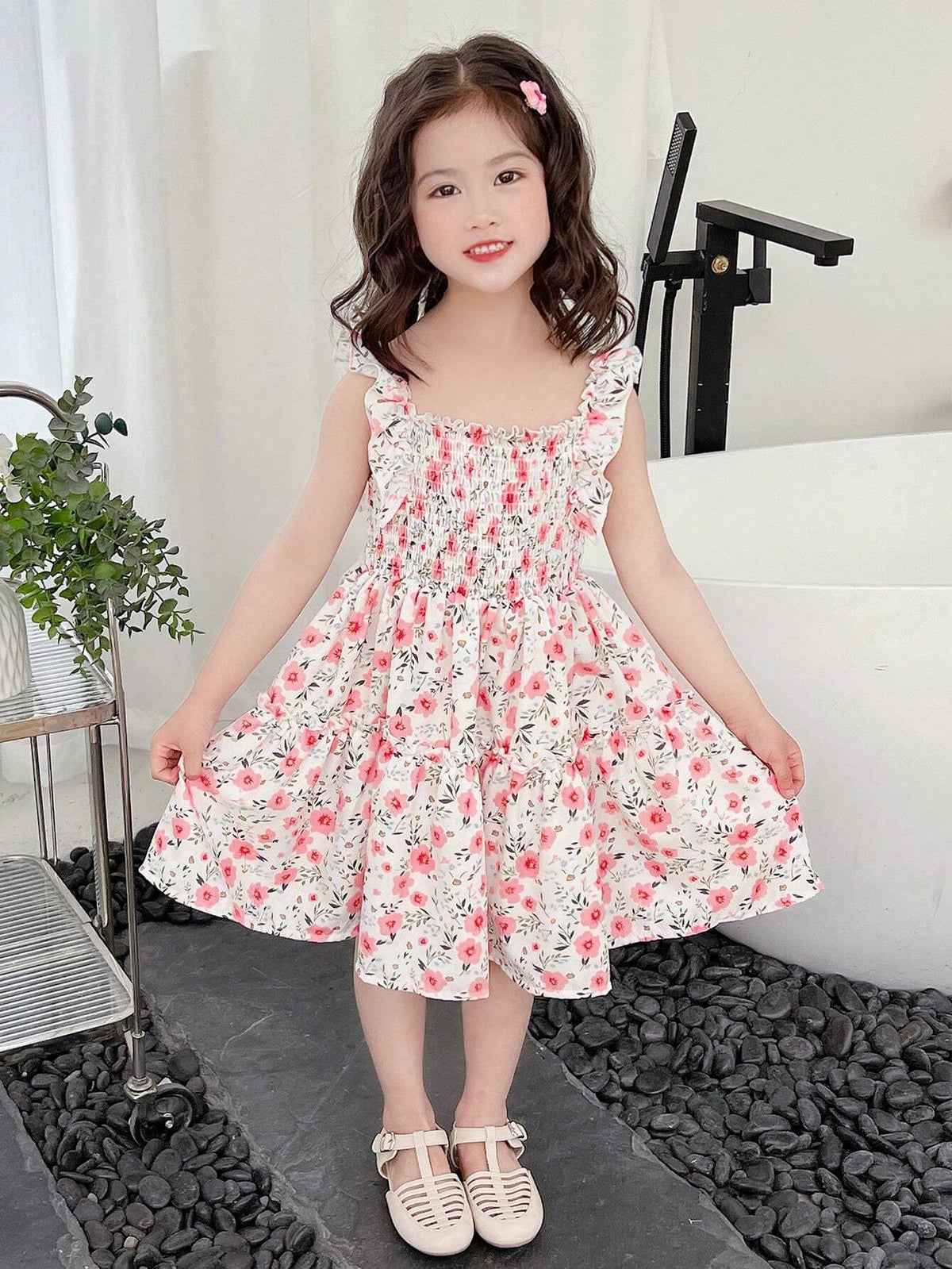Kids SUNSHNE Young Girls' Floral Print Spaghetti Strap Dress