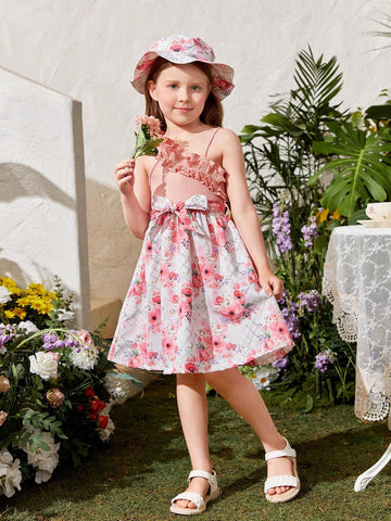 Kids SUNSHNE Young Girl's Floral Printed Dress With Ruffle Hem, Lace Detail, Belt And Hat, Perfect For Outdoor Activities And Vacations In Summer
