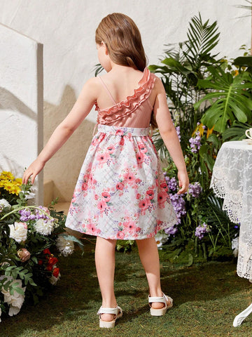 Kids SUNSHNE Young Girl's Floral Printed Dress With Ruffle Hem, Lace Detail, Belt And Hat, Perfect For Outdoor Activities And Vacations In Summer