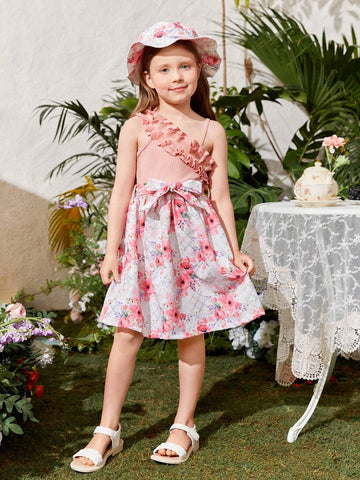 Kids SUNSHNE Young Girl's Floral Printed Dress With Ruffle Hem, Lace Detail, Belt And Hat, Perfect For Outdoor Activities And Vacations In Summer