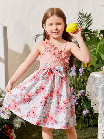 Kids SUNSHNE Young Girl's Floral Printed Dress With Ruffle Hem, Lace Detail, Belt And Hat, Perfect For Outdoor Activities And Vacations In Summer