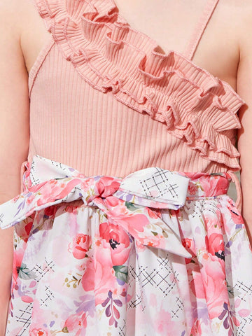 Kids SUNSHNE Young Girl's Floral Printed Dress With Ruffle Hem, Lace Detail, Belt And Hat, Perfect For Outdoor Activities And Vacations In Summer