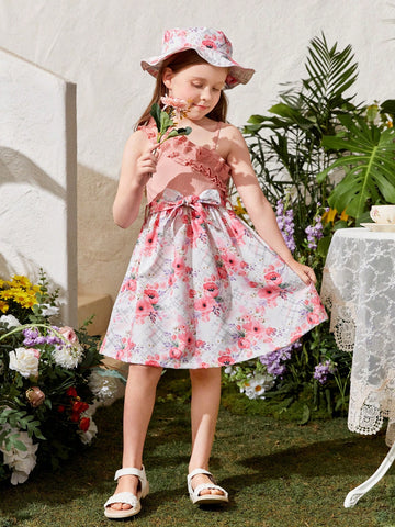 Kids SUNSHNE Young Girl's Floral Printed Dress With Ruffle Hem, Lace Detail, Belt And Hat, Perfect For Outdoor Activities And Vacations In Summer