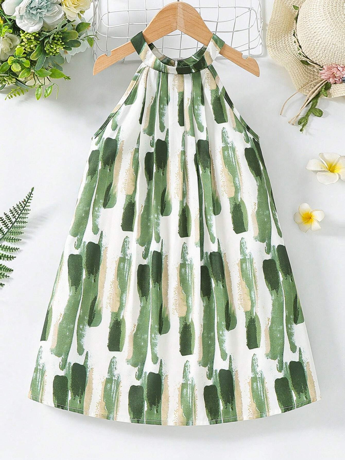 Kids SUNSHNE Young Girls' Holiday Casual Brush Printed Halter Neck Dress