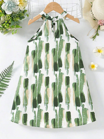 Kids SUNSHNE Young Girls' Holiday Casual Brush Printed Halter Neck Dress