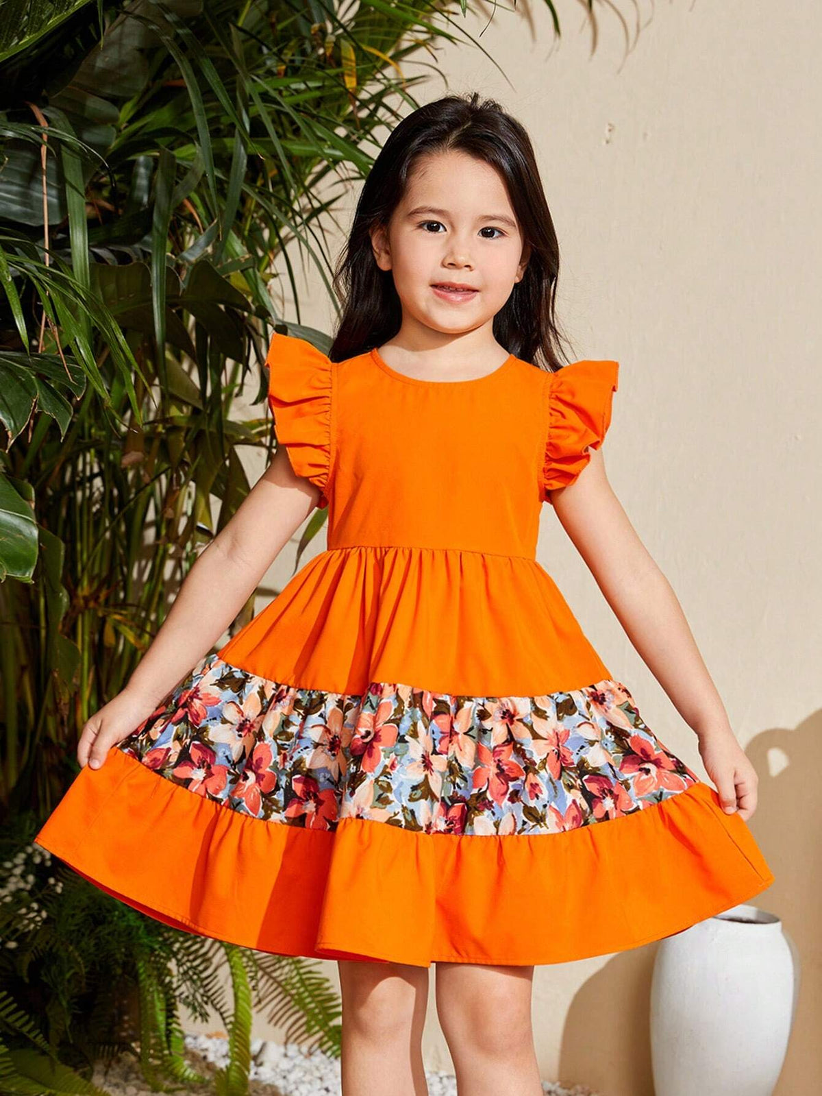Kids SUNSHNE Young Girl's Loose Fit Casual Holiday Dress With Woven Round Neckline, Ruffled Hem And Floral Print For Work