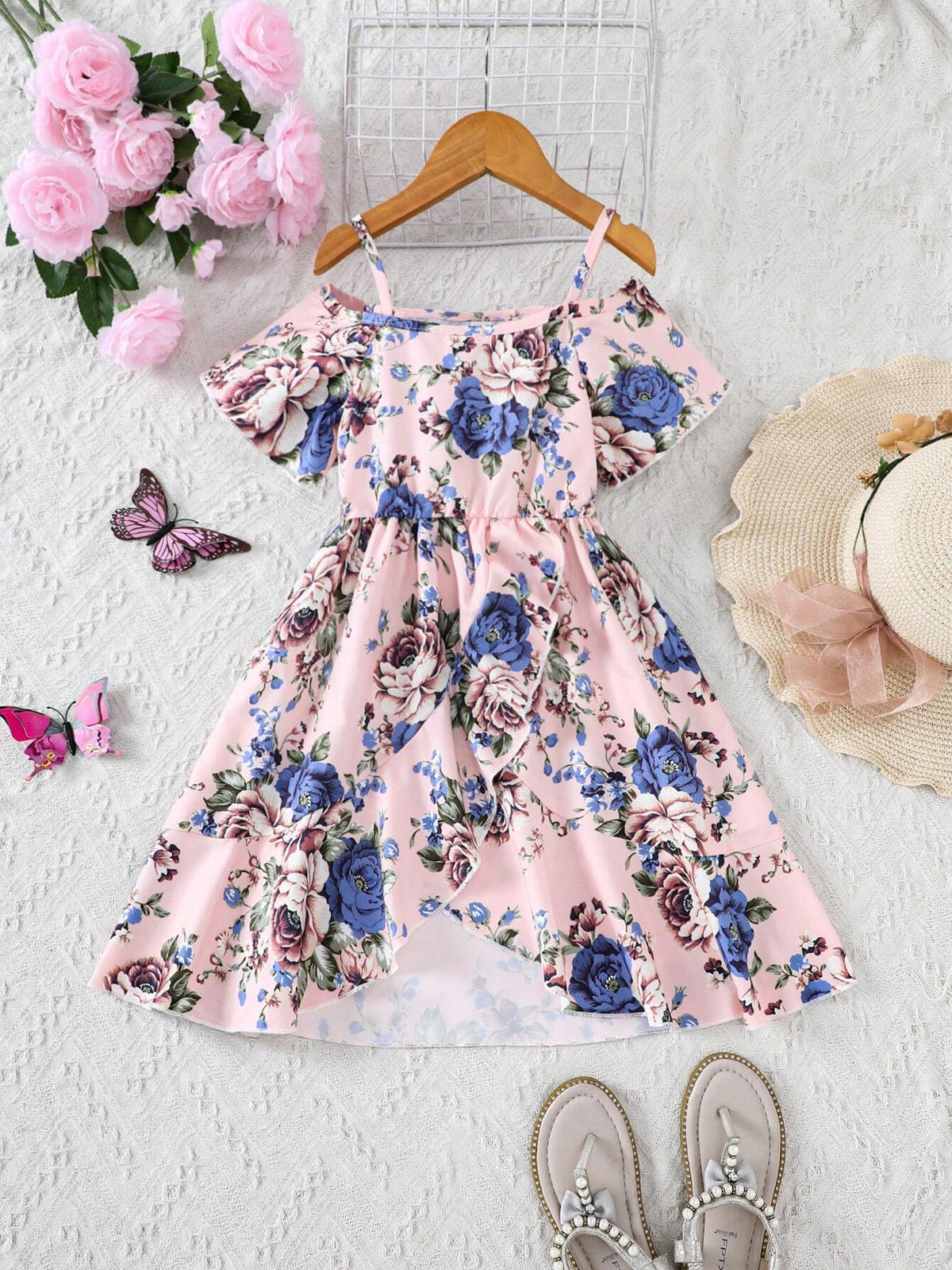 Kids SUNSHNE Young Girl's Off Shoulder Floral Print Midi Dress