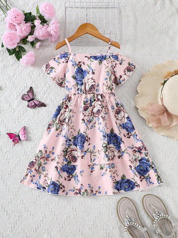 Kids SUNSHNE Young Girl's Off Shoulder Floral Print Midi Dress